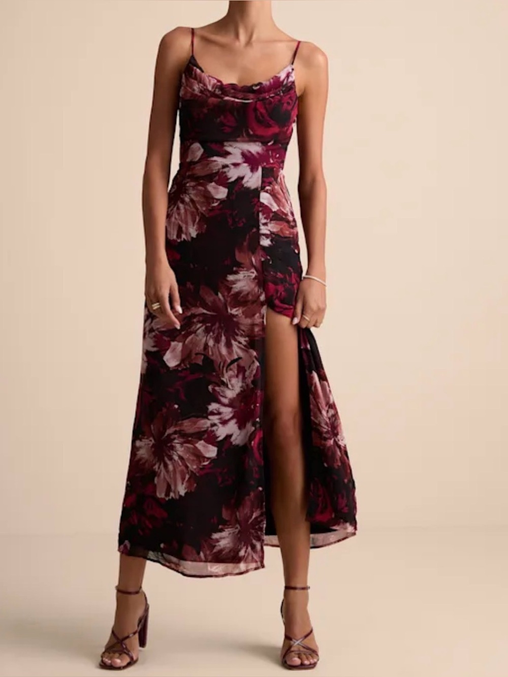 Lulus Flowery Passion Burgundy Floral Print Cowl Neck Midi Dress Red - Size XS